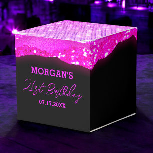 Birthday Black Hot Pink Glitter Name Thank You Favor Box