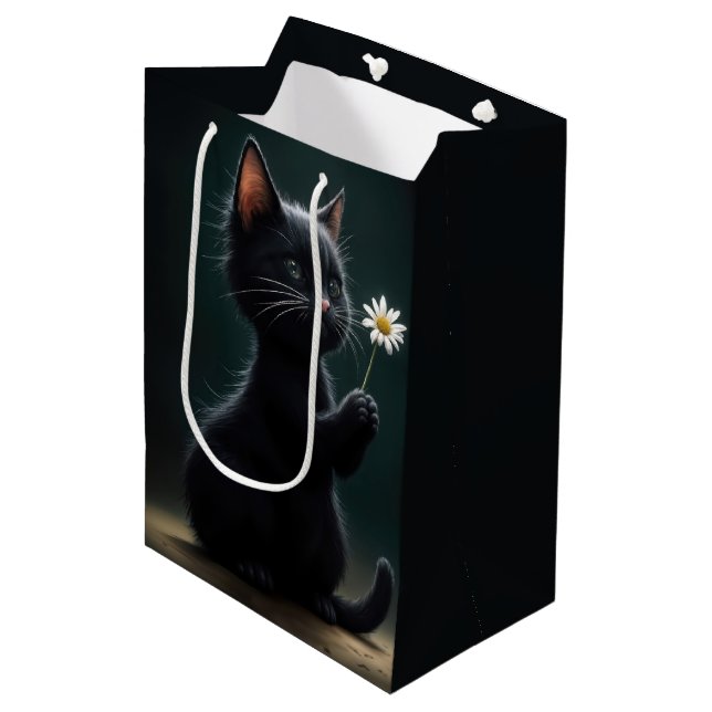 Birthday Black Kitten With a White Daisy Medium Gift Bag (Front Angled)