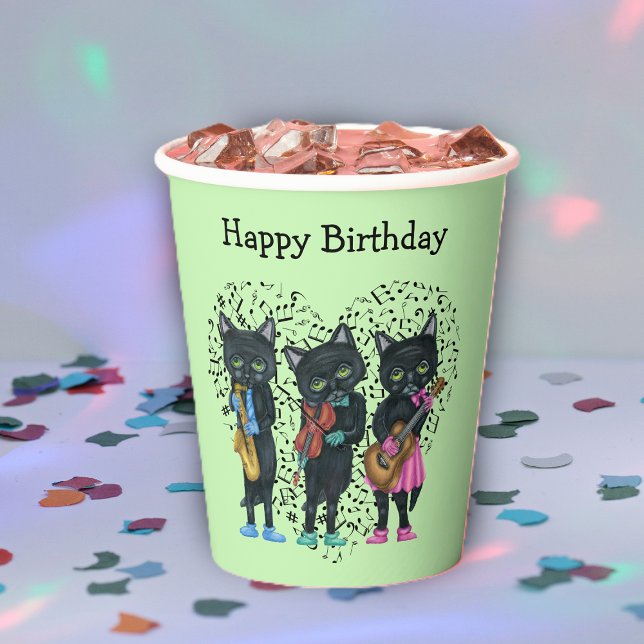 Birthday Black Musical Cats Colourful Clothes Paper Cups (Musical black cats playing instruments on heart of music notes on green Birthday paper party cup.)