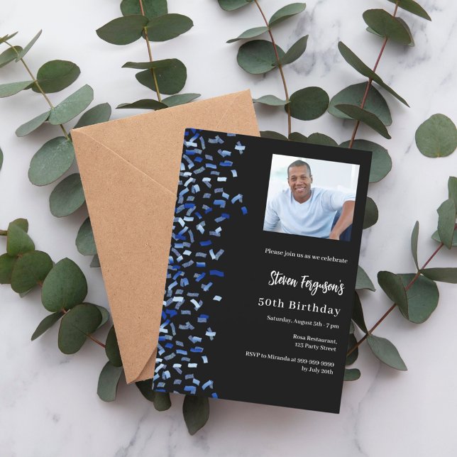 Birthday black navy blue photo invitation (Creator Uploaded)