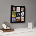 Birthday black photo collage guy square wall clock<br><div class="desc">A wall clock as a gift for a 50th (or any age) birthday for a guy,  celebrating his life with a collage of 8 of your own photos.  Personalize and add age 50,  and a date.  Date of birth or the date of the anniversary.  White coloured letters.  Black background.</div>