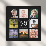 Birthday black photo collage guy square wall clock<br><div class="desc">A wall clock as a gift for a 50th (or any age) birthday for a guy,  celebrating his life with a collage of 8 of your own photos.  Personalize and add age 50,  and a date.  Date of birth or the date of the anniversary.  White coloured letters.  Black background.</div>