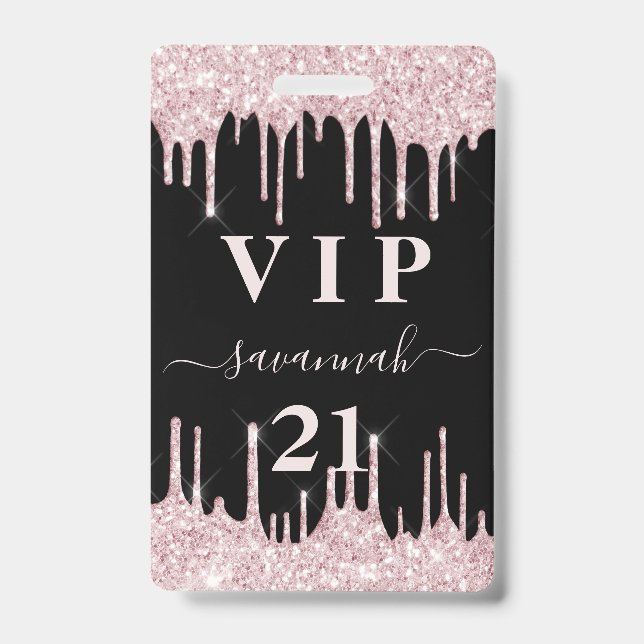Birthday black pink glitter drips vip invitation  badge (Front)