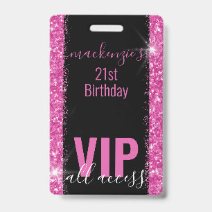 Birthday Black Pink Glitter VIP Party Invitation Badge
