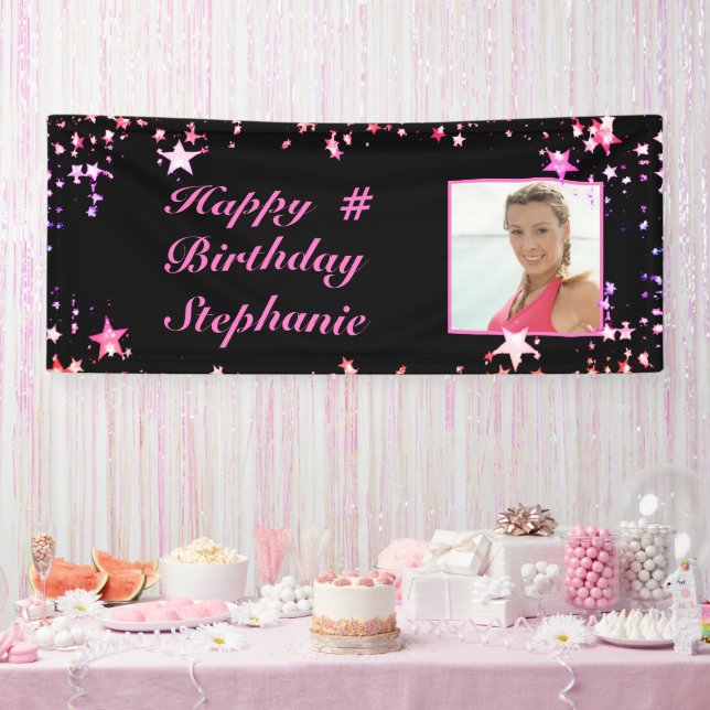 Birthday Black Pink Stars Photo Personalized Banner (Party)