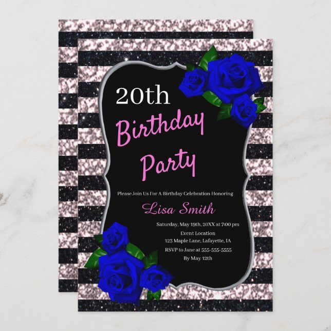 Birthday Black Pink Stripes Glitter Deep Blue Rose Invitation (Front/Back)