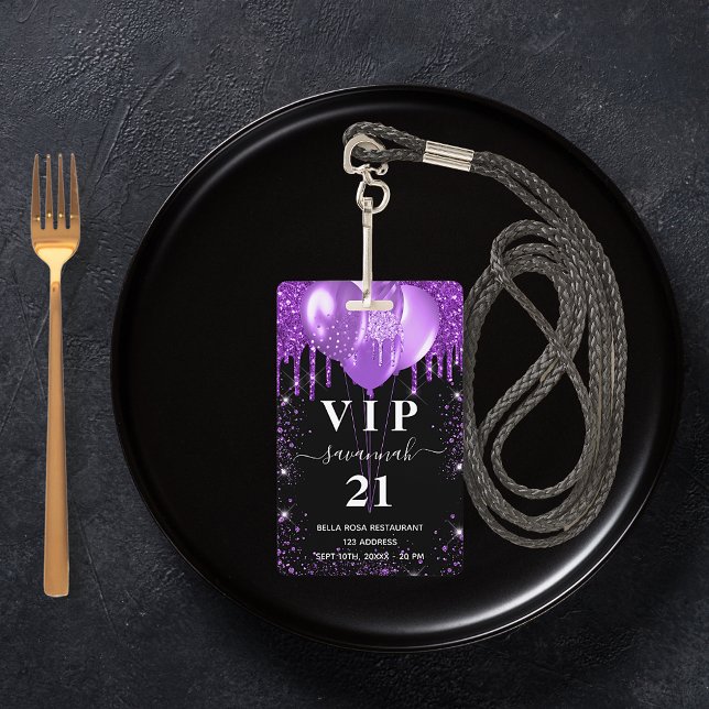 Birthday black purple balloon vip invitation badge (Creator Uploaded)