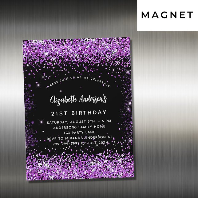 Birthday black purple confetti magnetic invitation (Creator Uploaded)