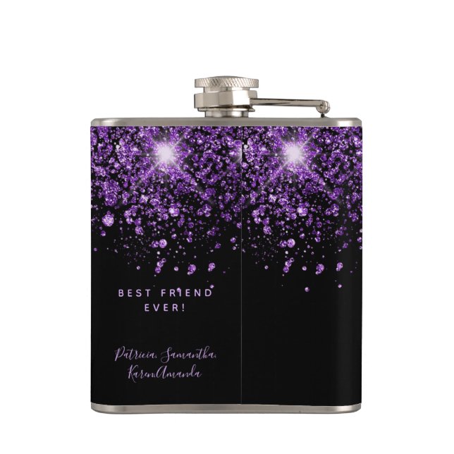 Birthday black purple glitter best friends hip flask (Back)