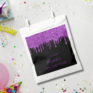Birthday black purple glitter drips monogram favour bag