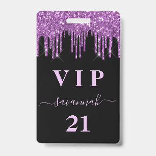 Birthday black purple glitter drips monogram vip badge