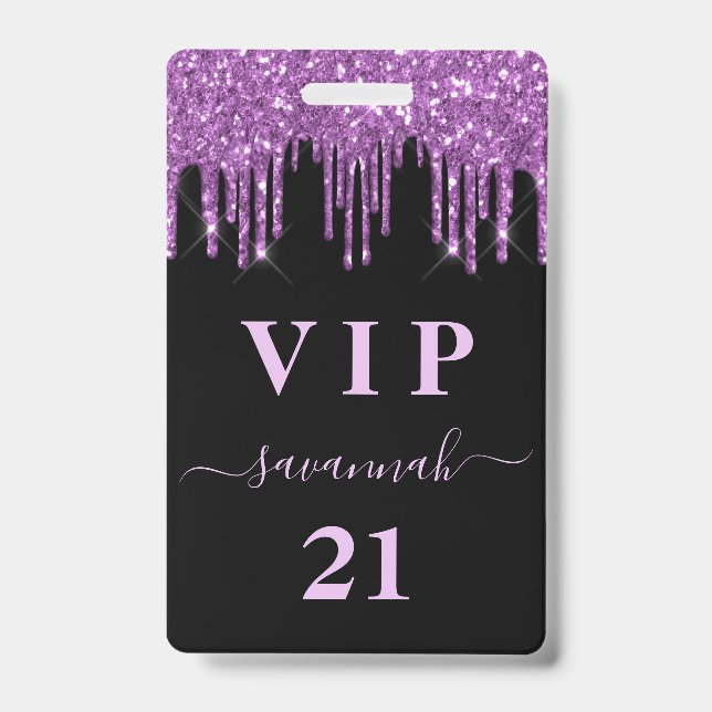 Birthday black purple glitter drips monogram vip badge (Front)