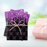 Birthday black purple glitter drips name glam wrapping paper sheet<br><div class="desc">Elegant,  classic,  glamourous and feminine style party wrapping paper for a 21st (or any age) birthday party. A chic black background decorated with purple faux glitter drips,  paint dripping look.  Personalize and add a name and age 21. Purple coloured hand lettered style script.</div>