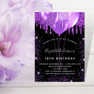 Birthday black purple glitter dust balloons  invitation