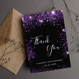 Birthday black purple glitter dust elegant thank you card