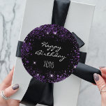 Birthday black purple glitter dust hugs kisses  classic round sticker<br><div class="desc">A classic black background. Decorated with purple faux glitter dust. With the text: Happy Birthday xoxo. (hugs and kisses)</div>
