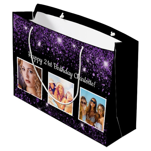 Birthday black purple glitter dust monogram  large gift bag (Back Angled)