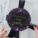 Birthday black purple glitter dust monogram name classic round sticker<br><div class="desc">For an elegant 21st (or any age) birthday. A classic black background. Decorated with purple faux glitter dust. Personalize and add a name and age 21.</div>