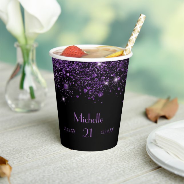Birthday black purple glitter dust monogram paper cups (Insitu)