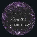 Birthday black purple glitter dust name date classic round sticker<br><div class="desc">For an elegant 21st (or any age) birthday. A classic black background. Decorated with purple faux glitter dust. Personalize and add a date,  name and age 21.
Can be used for party favours and also as a Save the Date reminder for the guests.</div>