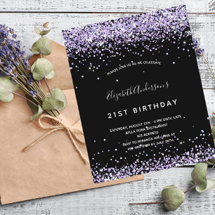 Birthday black purple glitter invitation