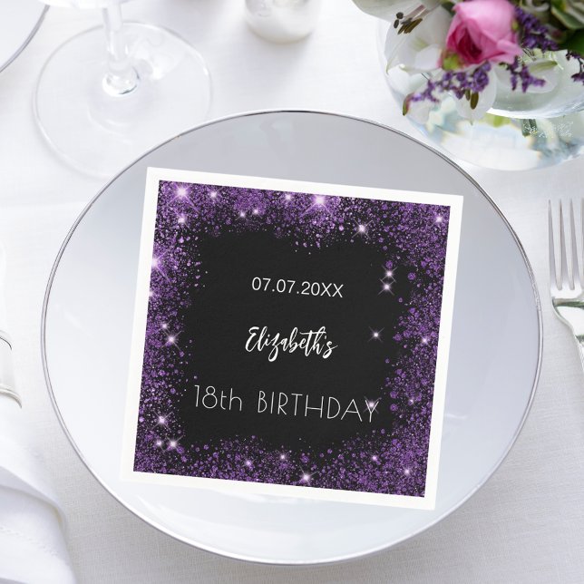 Birthday black purple glitter name napkin (Creator Uploaded)