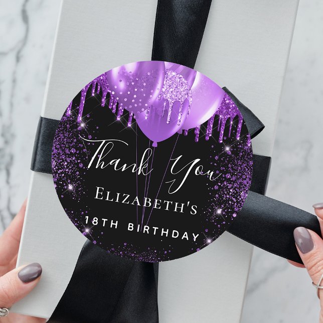 Birthday black purple glitter name thank you classic round sticker (Creator Uploaded)