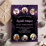 Birthday black purple sparkles photo friends invitation postcard<br><div class="desc">A girly and feminine 21st (or any age) birthday party invitation. On front: A chic black background. Decorated with dark purple faux glitter dust. Personalize and add a name,  party details and 6 photos. The name is written with a hand lettered style script,   light purple coloured letters.</div>