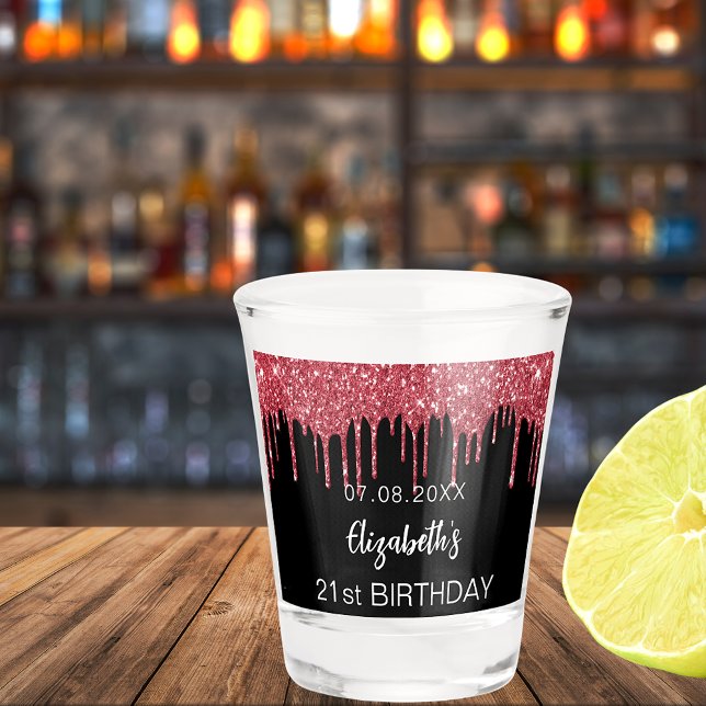 Birthday black red glitter drips name  shot glass (Creator Uploaded)