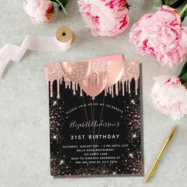 Birthday black rose gold balloons invitation (Creator Uploaded)