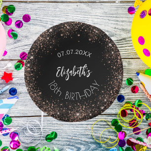 Birthday black rose gold glitter girl name paper plate