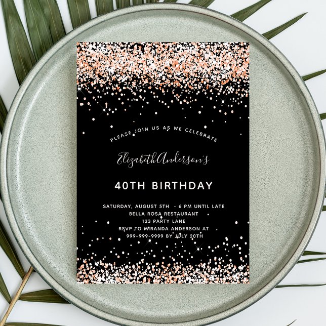 Birthday black rose gold glitter invitation (Creator Uploaded)