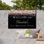 Birthday black rose gold glitter welcome garden sign<br><div class="desc">A welcome board for a girly and glamourous 21st (or any age) birthday party.  A stylish black background decorated with rose gold faux glitter,  sparkles.   Personalize and add a name and age 21.  White letters.</div>