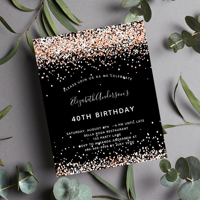 Birthday black rose gold invitation (Creator Uploaded)