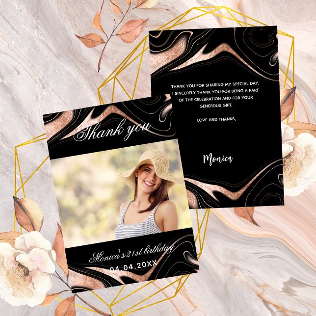 Birthday black rose gold photo thank you card (Creator Uploaded)