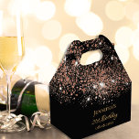Birthday black rose gold sparkles name thank you favor box<br><div class="desc">Elegant, classic, glamourous and girly for a 21st (or any age) birthday party favours. A chic black background. On the front and the back: Personalize and add a name, age 21 and a date. The name is written with a modern hand lettered style script. Decorated with dark rose gold faux...</div>