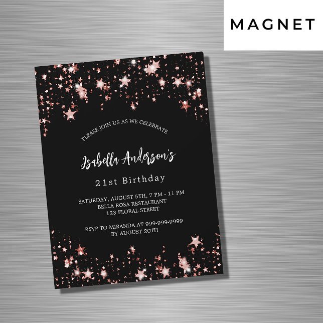 Birthday black rose gold stars luxury magnetic invitation (Creator Uploaded)