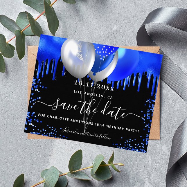 Birthday black royal blue budget save the date flyer (Creator Uploaded)