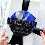 Birthday black royal blue glitter name thank you classic round sticker<br><div class="desc">A chic black background. Decorated with royal faux glitter drips,  paint dripping look, glitter dust and balloons.  Personalize and add a name.</div>