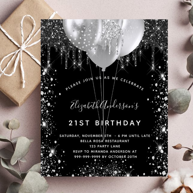 Birthday black silver glitter budget invitation flyer (Creator Uploaded)