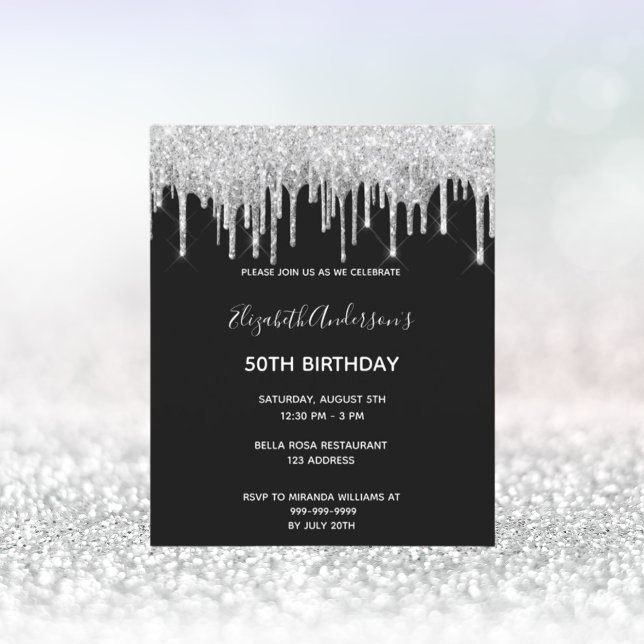 Birthday black silver glitter drips invitation postcard (Creator Uploaded)