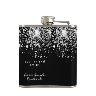 Birthday black silver glitter dust friends hip flask