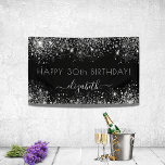 Birthday black silver glitter dust monogram banner<br><div class="desc">A banner for a girly and glamourous 30th (or any age) birthday party. A chic black background with faux silver glitter dust. Personalize and add a name and age 30. The name is written in grey with a modern hand lettered style script with swashes. Perfect both as a welcome banner...</div>