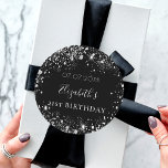 Birthday black silver glitter dust name date classic round sticker<br><div class="desc">For an elegant 21st (or any age) birthday. A classic black background. Decorated with faux silver glitter dust. Personalize and add a date,  name and age 21.
Can be used for party favours and also as a Save the Date reminder for the guests.</div>