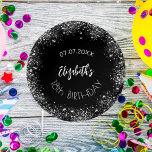 Birthday black silver glitter girl name paper plate<br><div class="desc">A paper plate for a girly and glamourous 18th (or any age) birthday party.  A chic black background with faux silver glitter,  sparkles. The text: The name is written with a large modern hand lettered style script. Personalize and add a date,  name and age.</div>