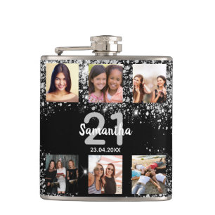 Birthday black silver glitter name photo collage hip flask