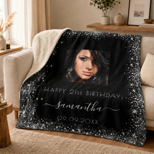 Birthday black silver glitter name photo sherpa blanket