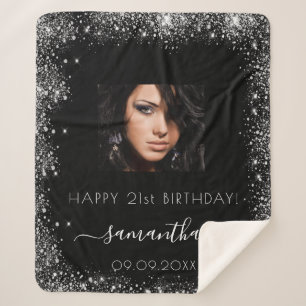 Birthday black silver glitter name photo sherpa blanket