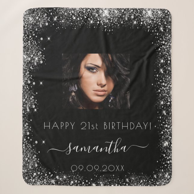 Birthday black silver glitter name photo sherpa blanket (Front)