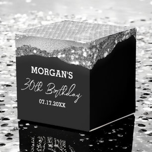 Birthday Black Silver Glitter Name Thank You Favor Box